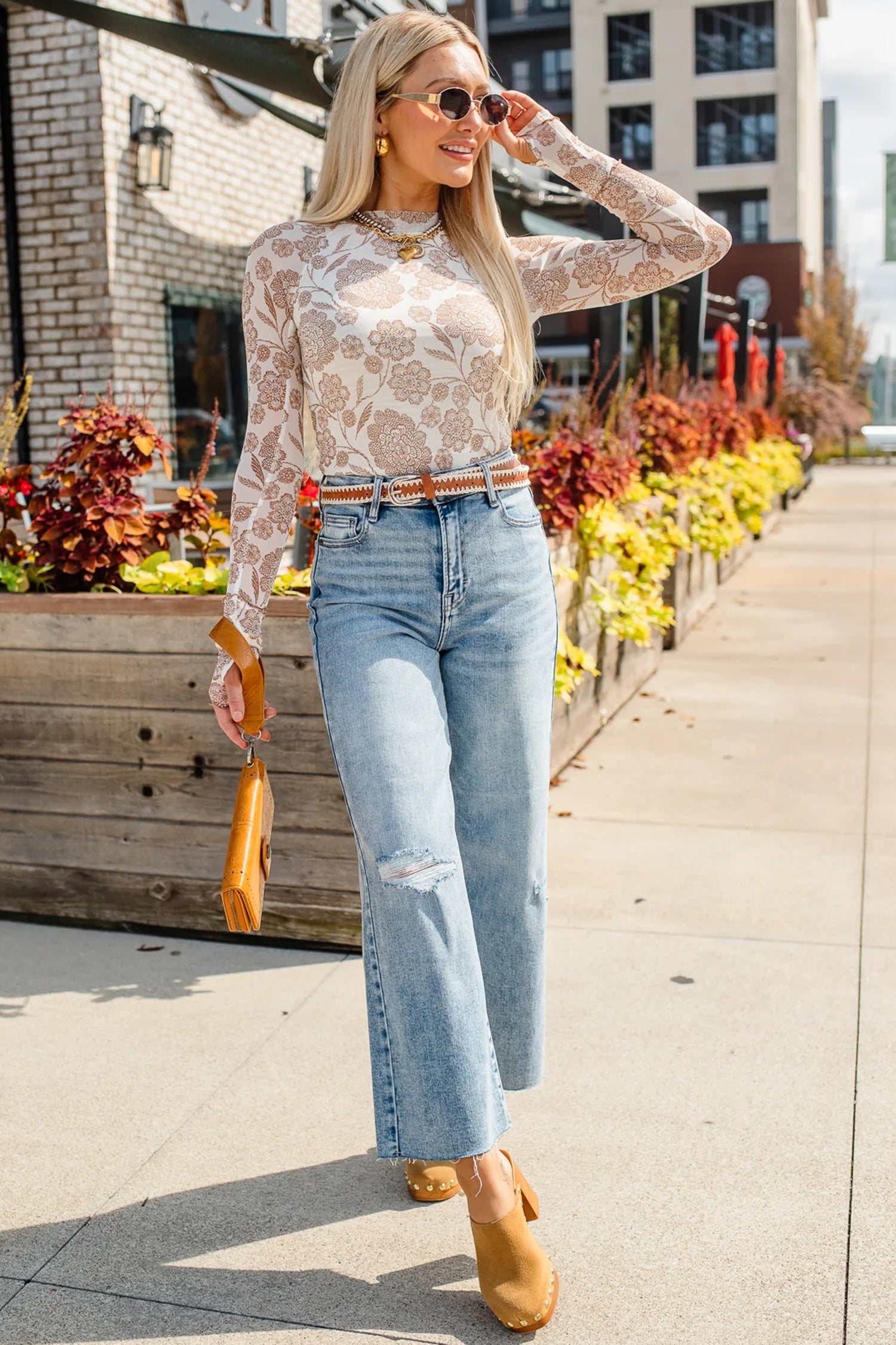 Thumbhole Floral Print Mesh Long Sleeve Top