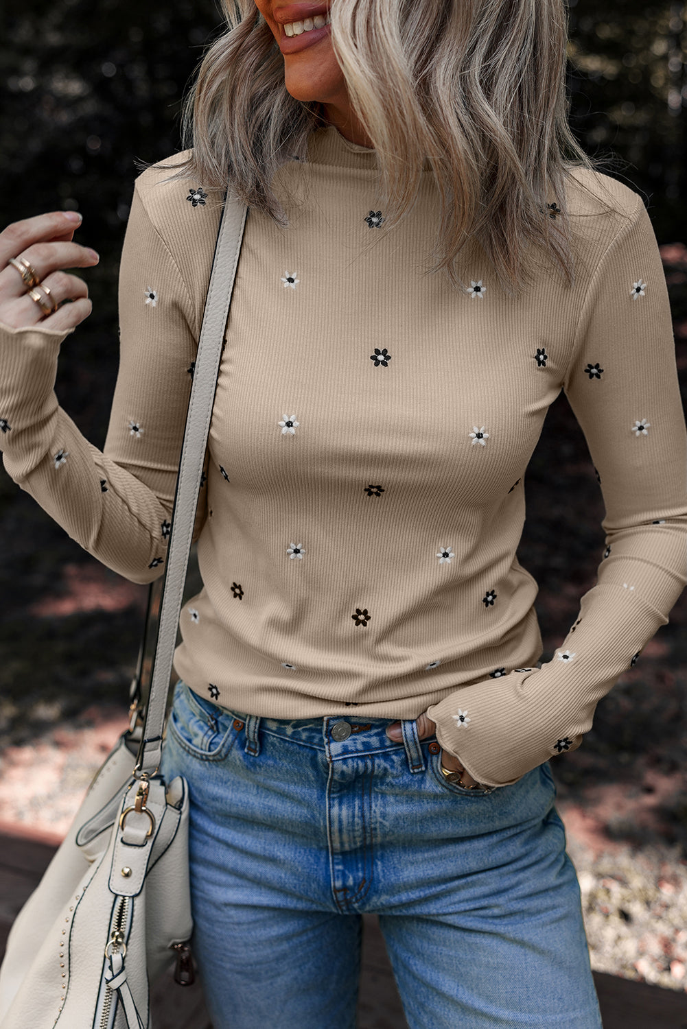 Floral Embroidered Ribbed Long Sleeve Top