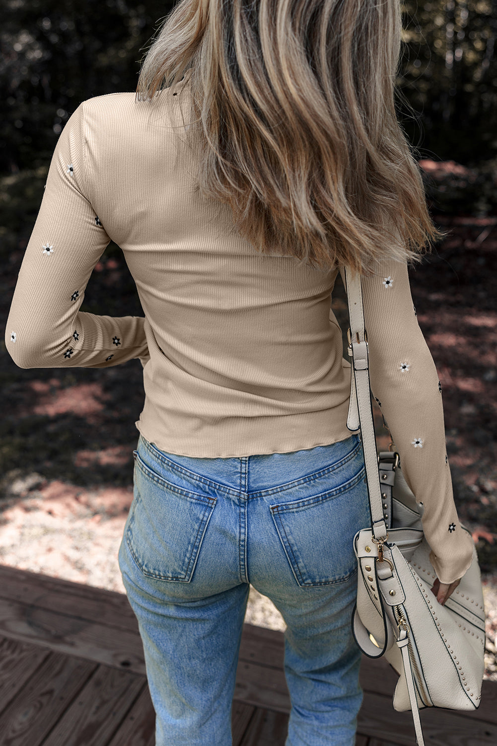 Floral Embroidered Ribbed Long Sleeve Top