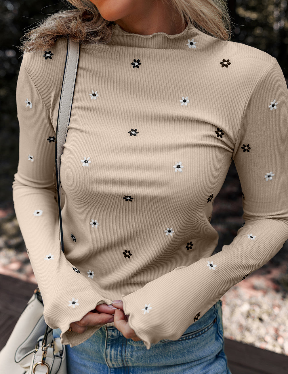 Floral Embroidered Ribbed Long Sleeve Top