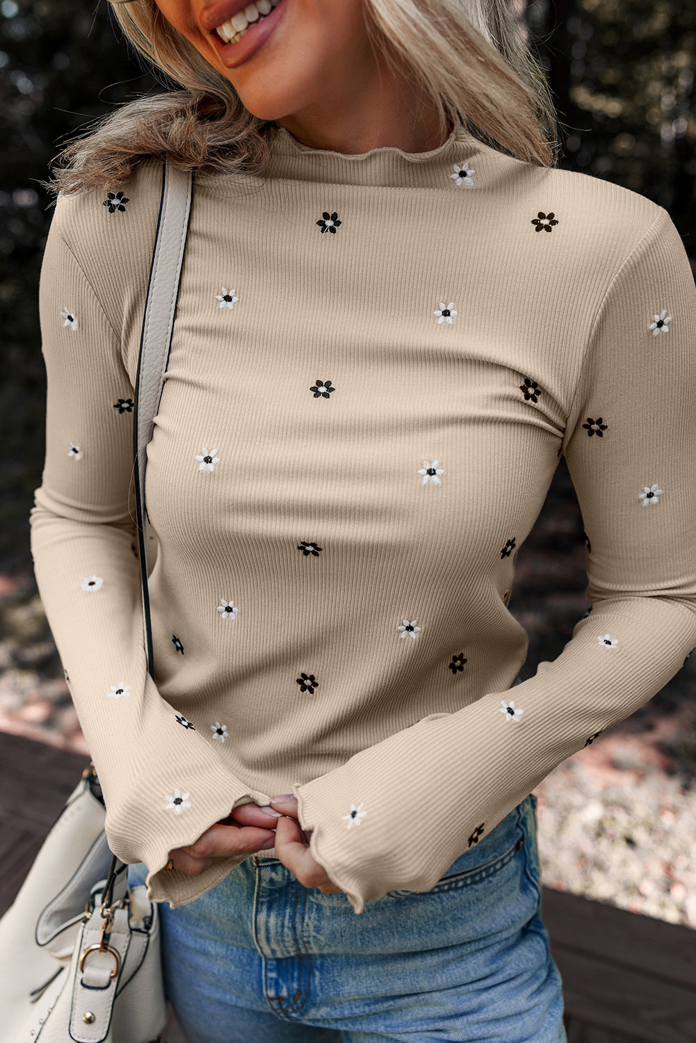 Floral Embroidered Ribbed Long Sleeve Top