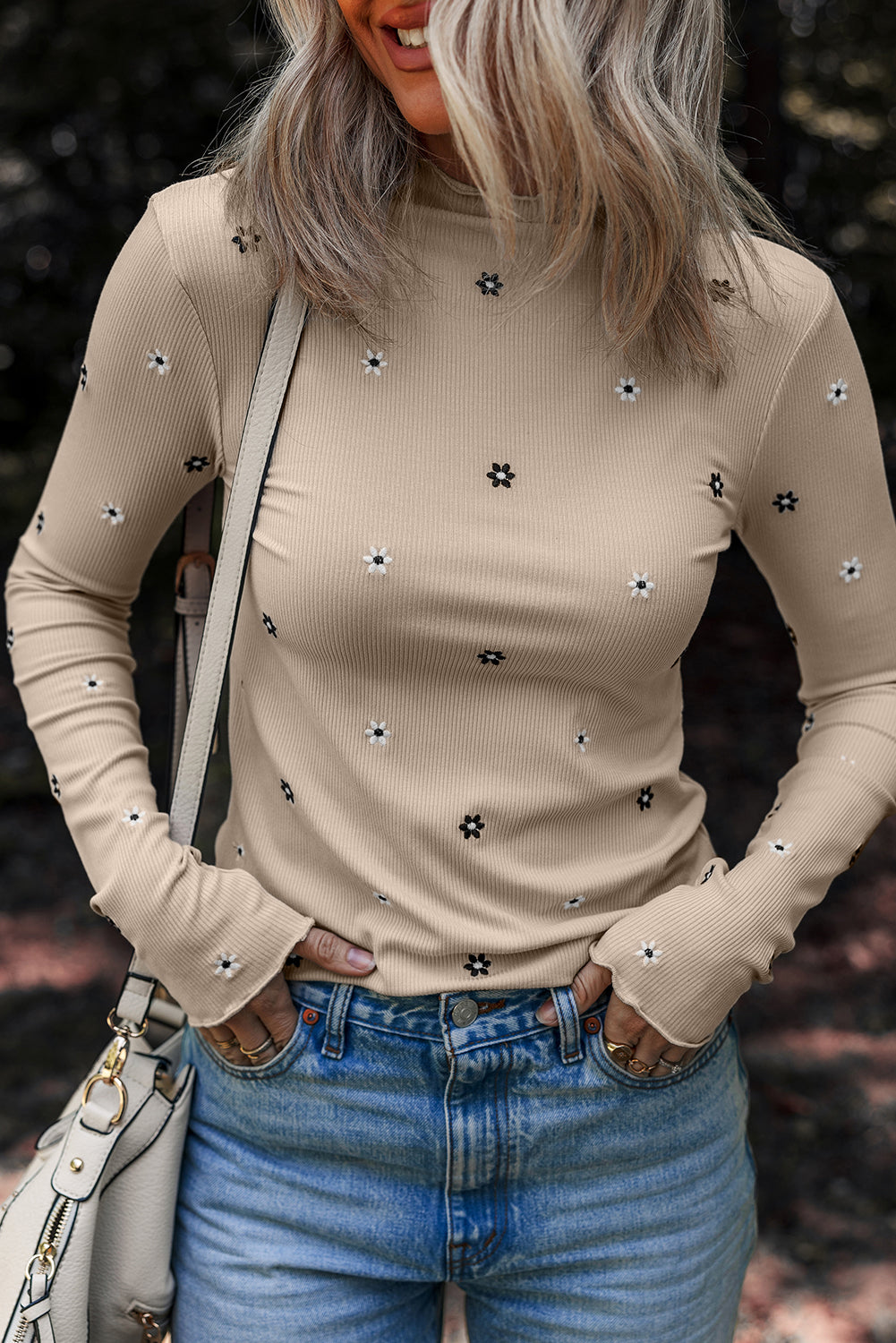 Floral Embroidered Ribbed Long Sleeve Top