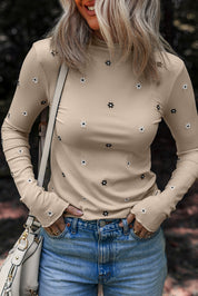 Floral Embroidered Ribbed Long Sleeve Top