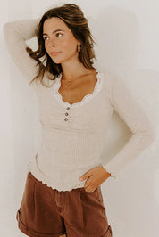 Lace Neckline Button Long Sleeve Ribbed Top