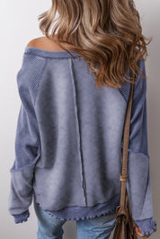 Waffle Knit Patchwork Raglan Sleeve Sweatshirt