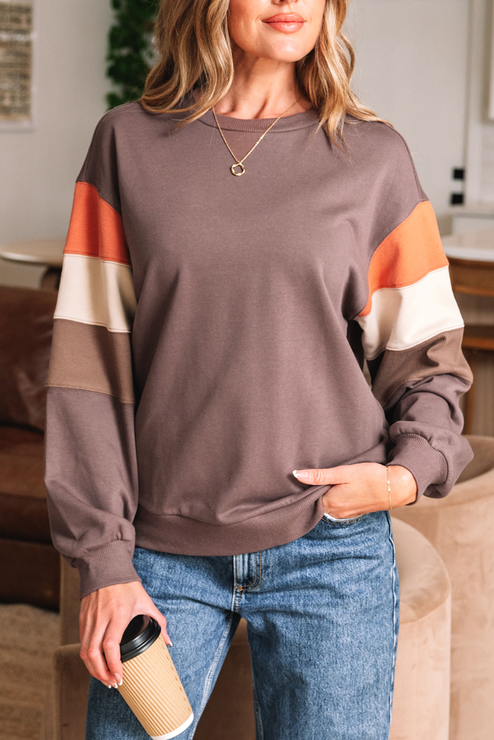 Color Block Shoulder Pullover Sweatshirt