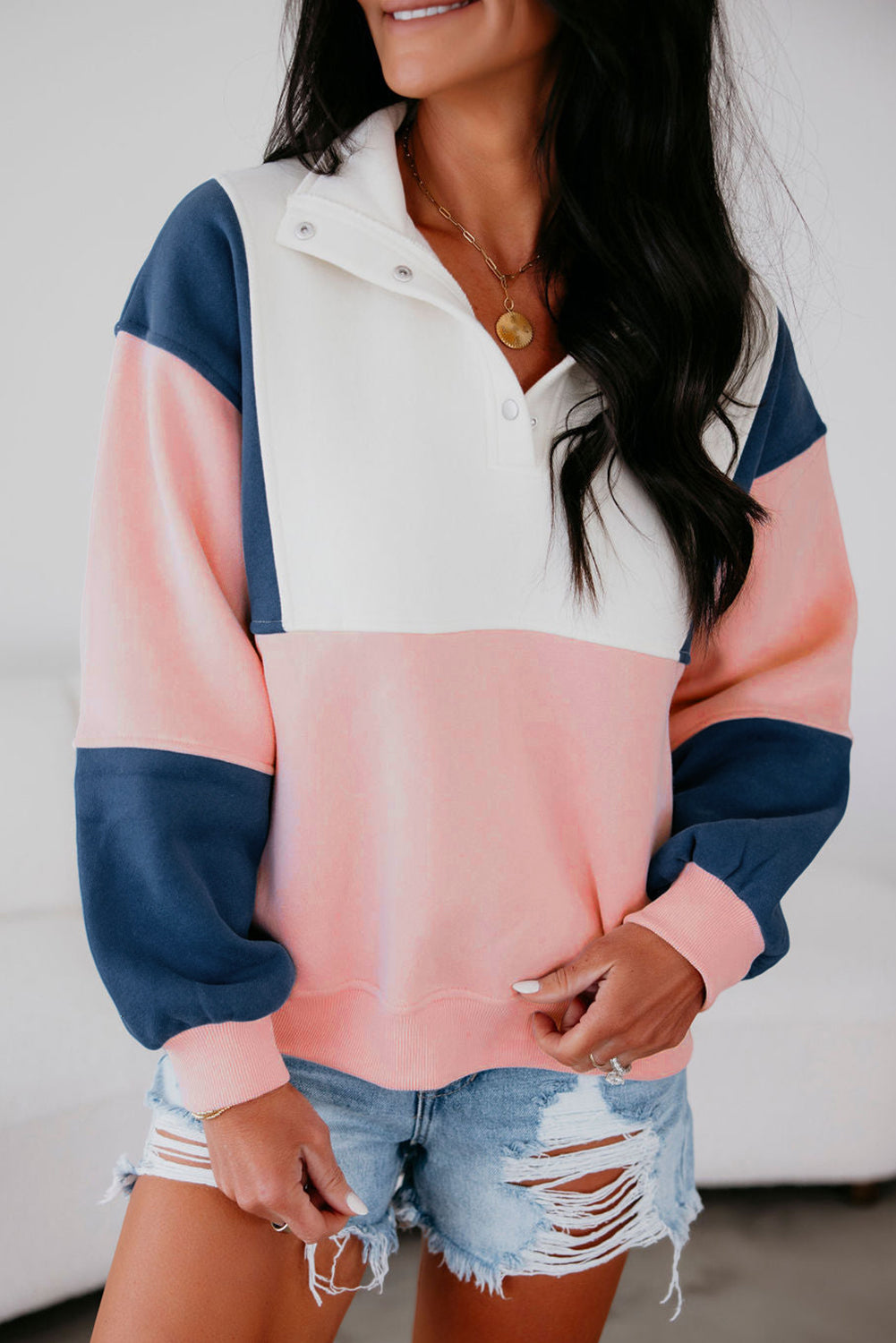 Colorblock Patchwork Snap Button Sweatshirt