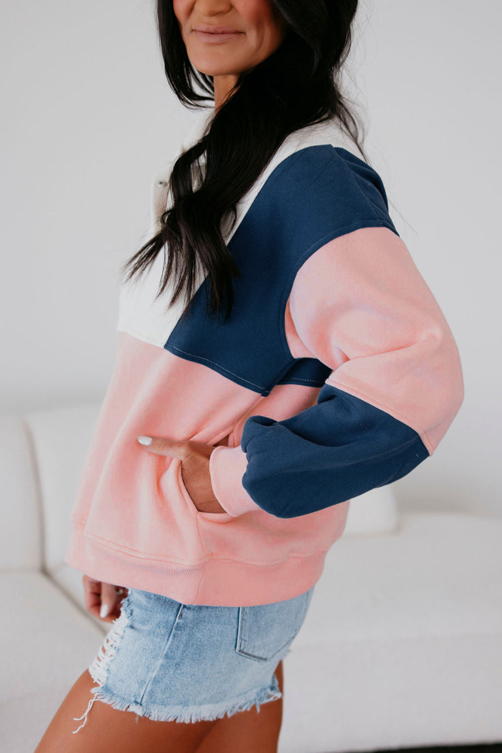 Colorblock Patchwork Snap Button Sweatshirt