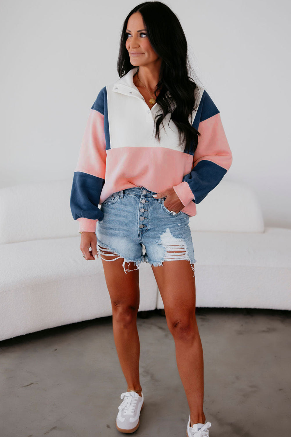 Colorblock Patchwork Snap Button Sweatshirt