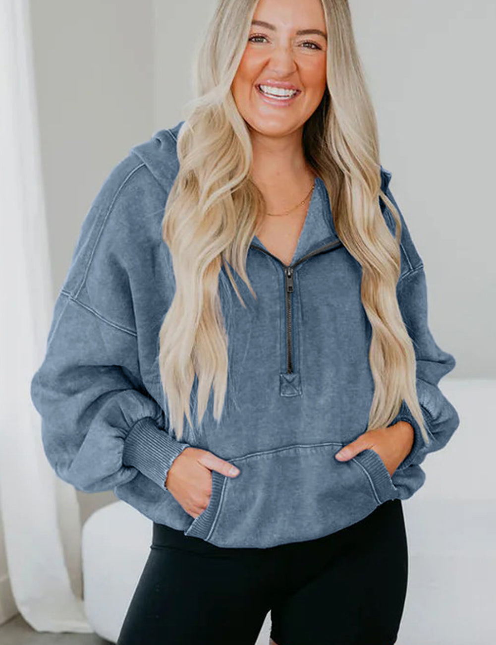 Half Zip Hooded Mineral Wash Sweatshirt