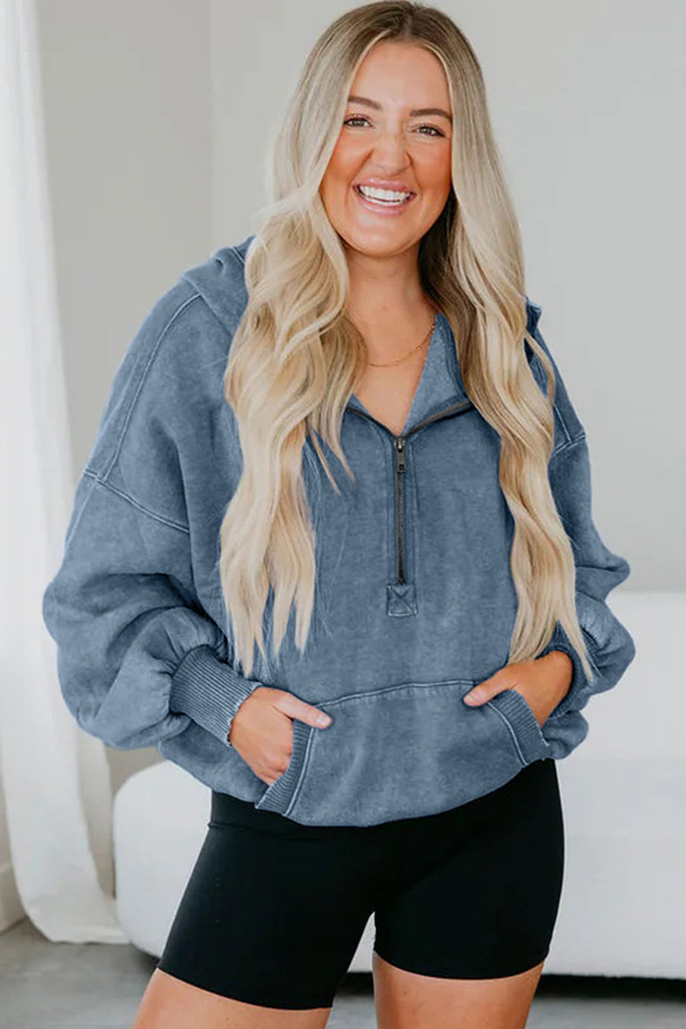 Half Zip Hooded Mineral Wash Sweatshirt