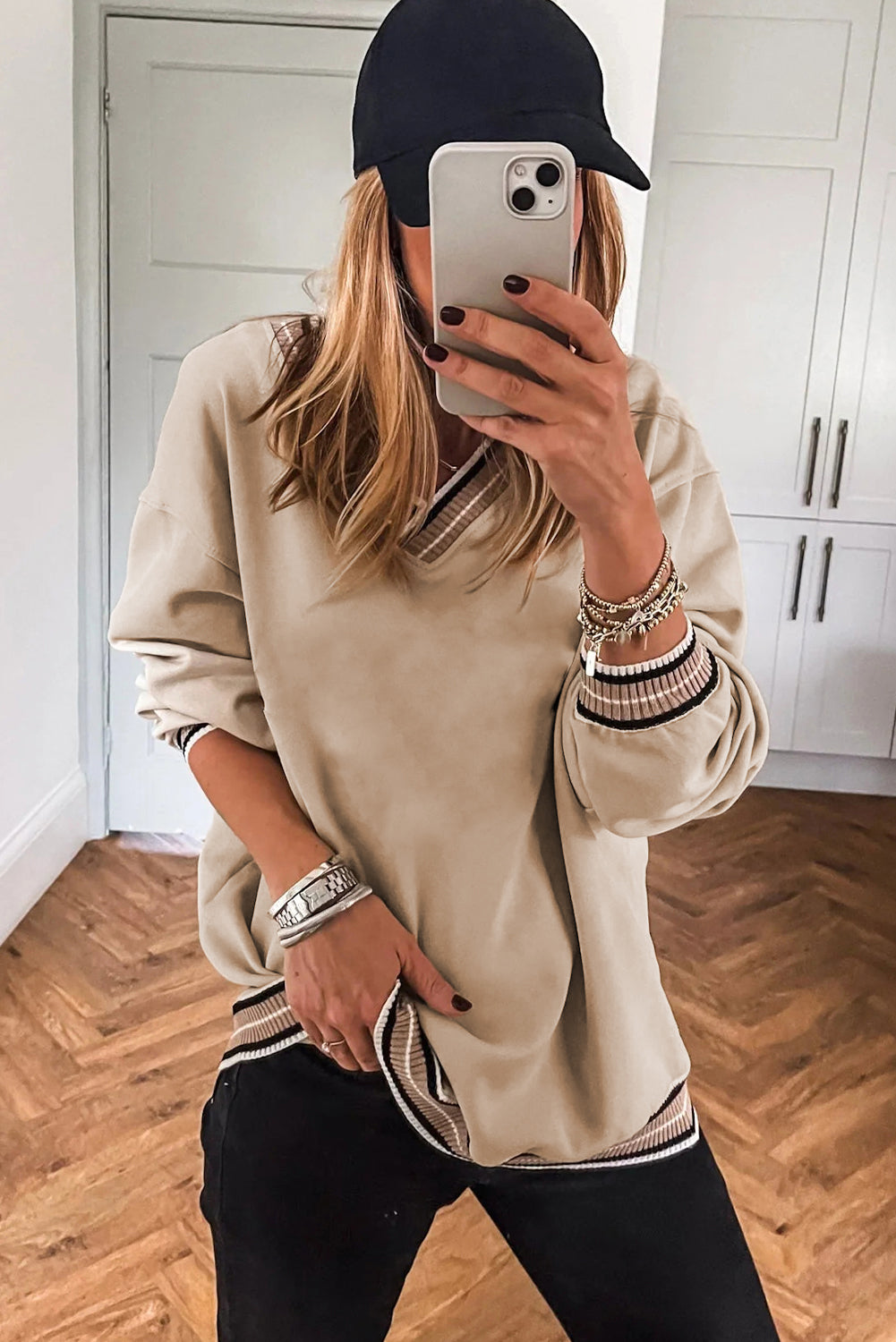 Varsity Contrast Striped Trim V-Neck Sweatshirt