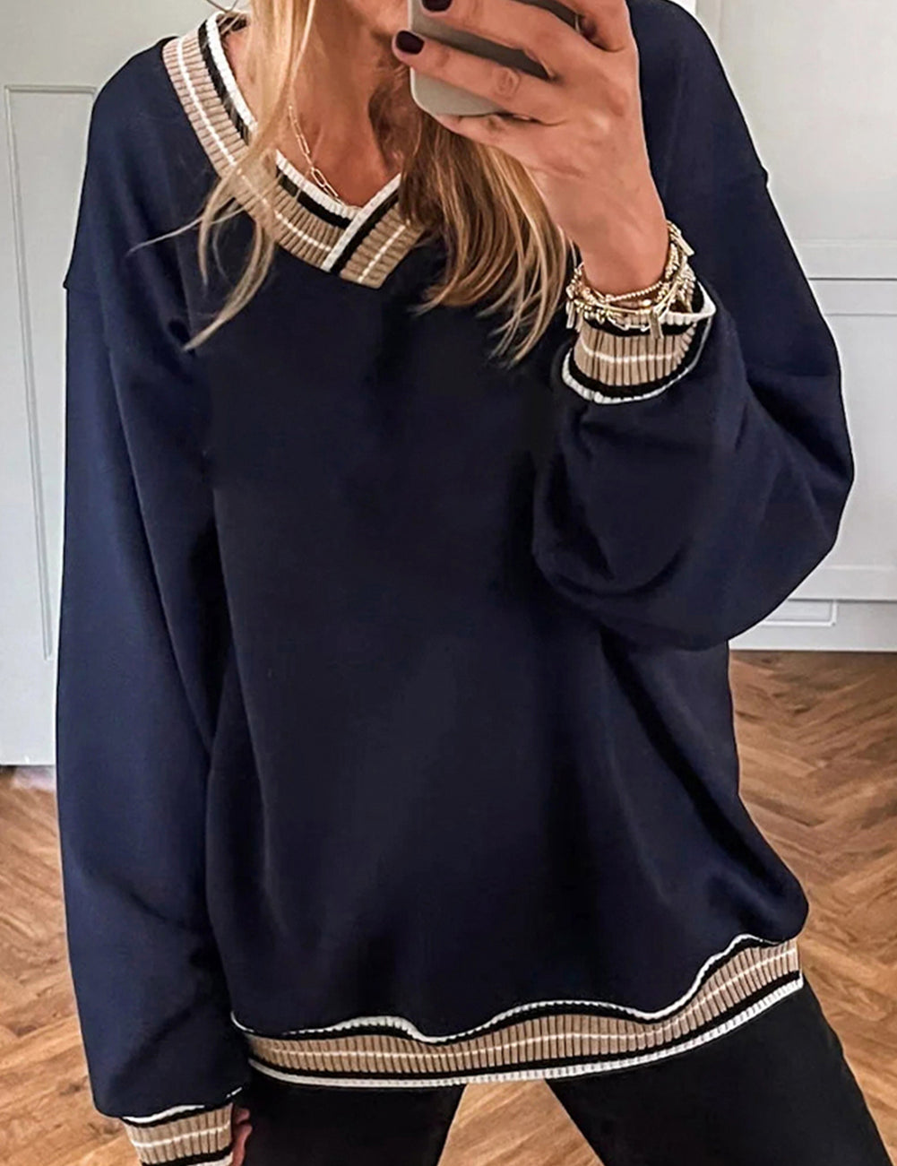 Varsity Contrast Striped Trim V-Neck Sweatshirt