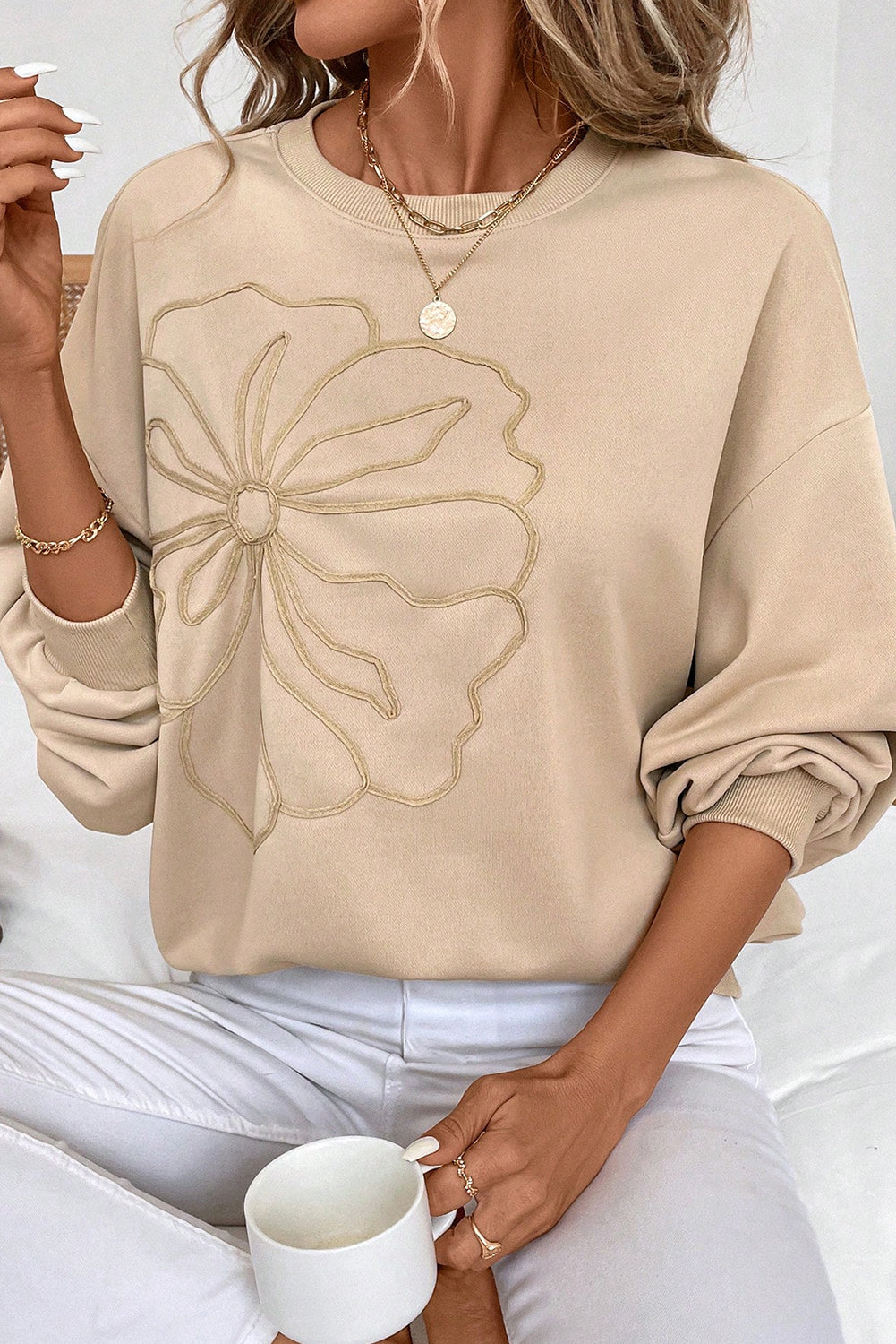 Embroidered Flower Drop Shoulder Sweatshirt