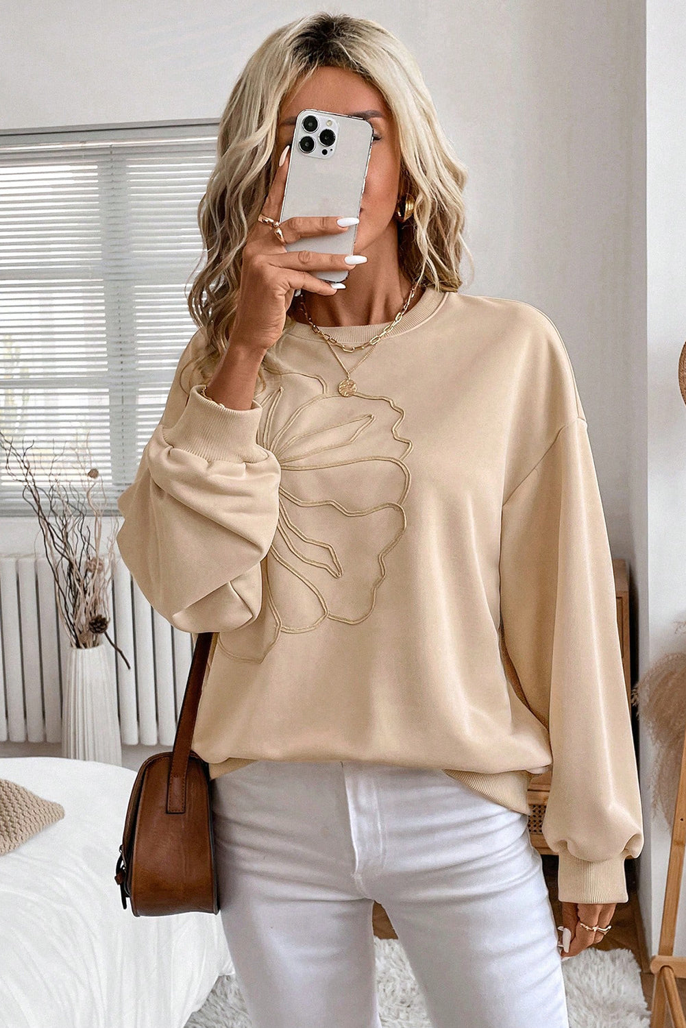 Embroidered Flower Drop Shoulder Sweatshirt