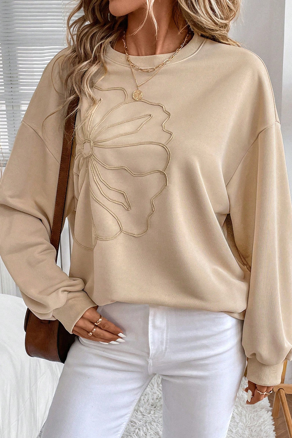 Embroidered Flower Drop Shoulder Sweatshirt