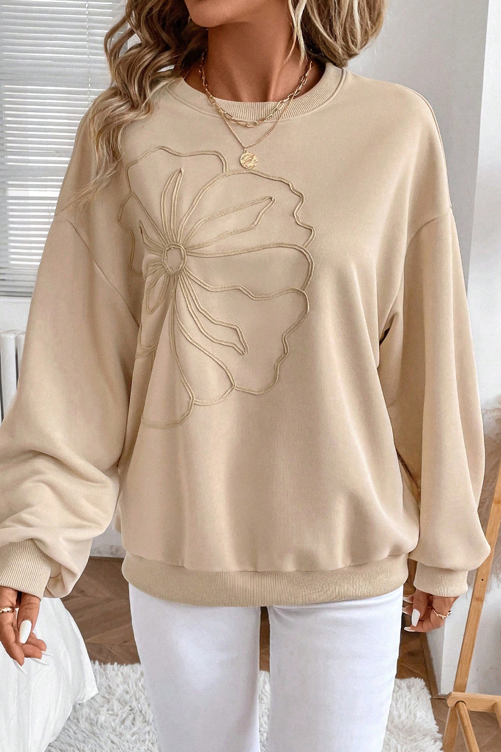 Embroidered Flower Drop Shoulder Sweatshirt