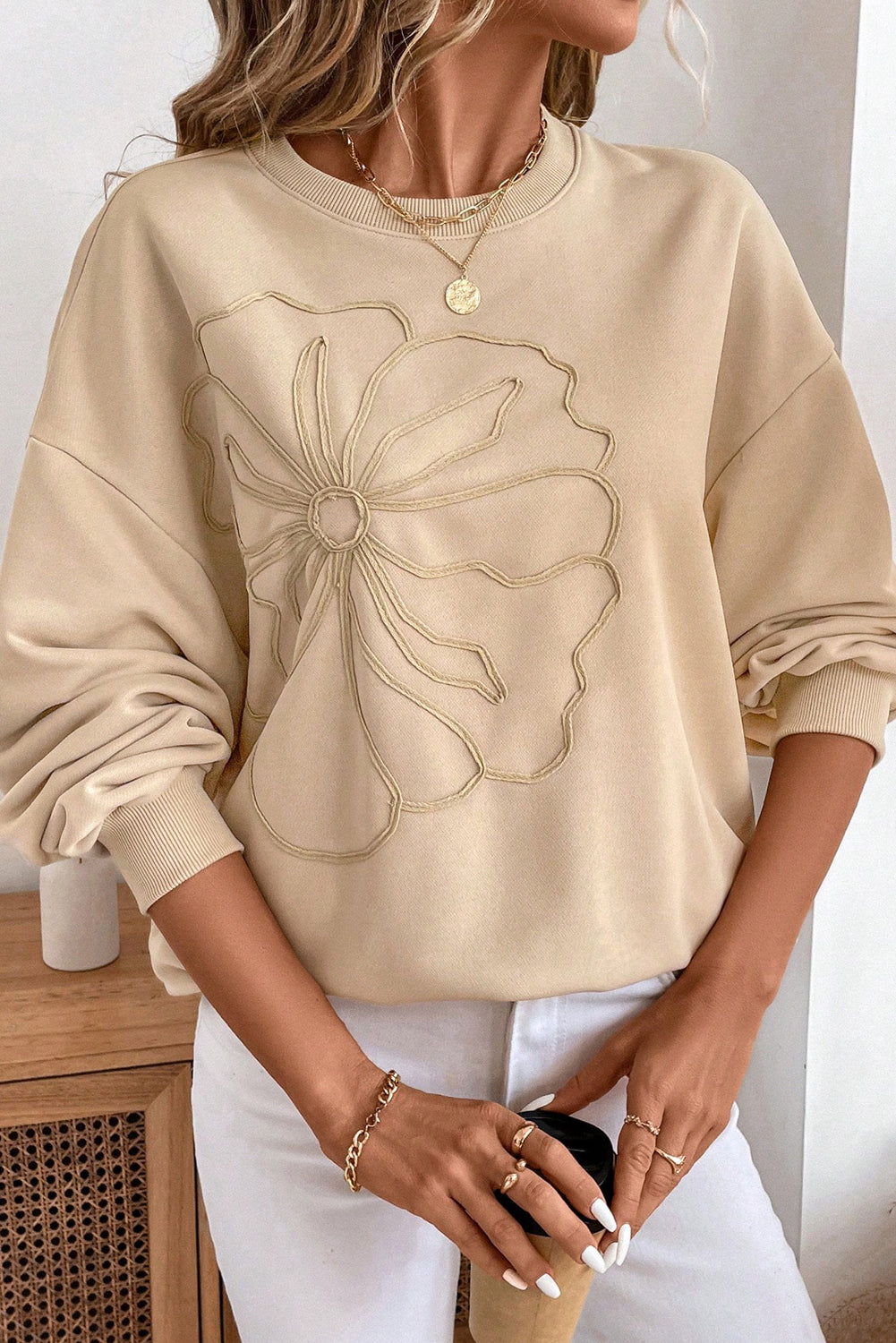 Embroidered Flower Drop Shoulder Sweatshirt