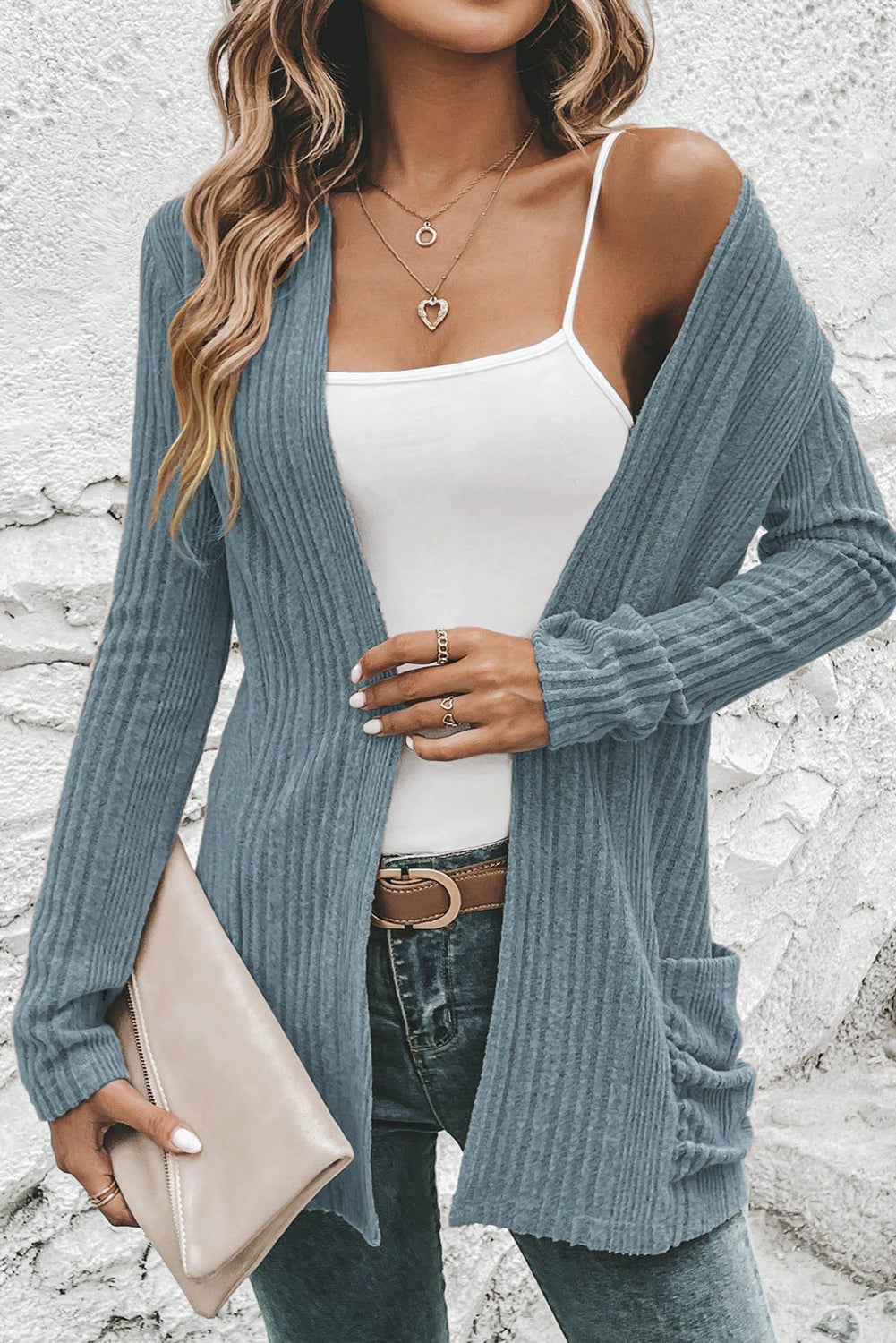 Ribbed Open Front Knitted Cardigan