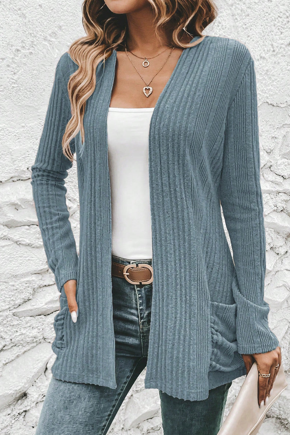 Ribbed Open Front Knitted Cardigan