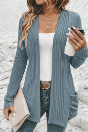Ribbed Open Front Knitted Cardigan