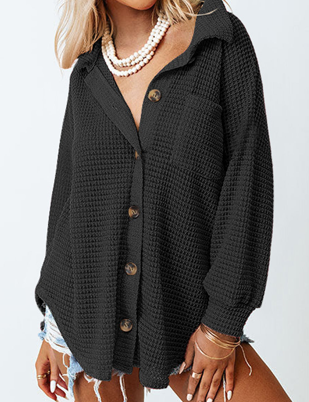 Waffle Knit Button Up Casual Shirt