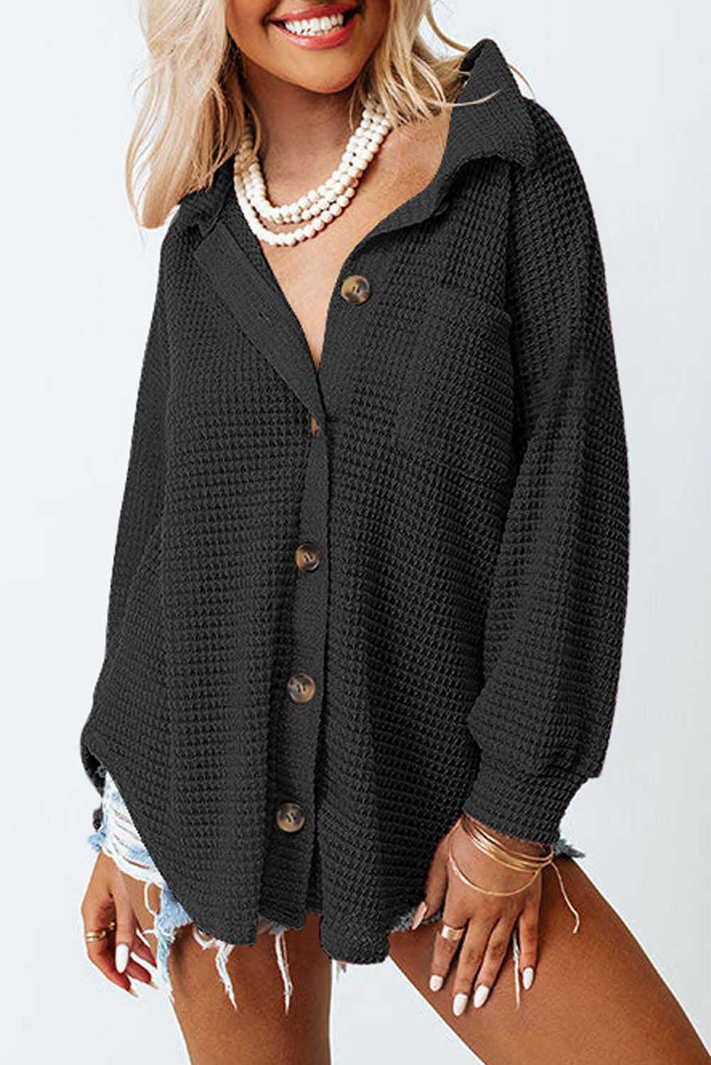 Waffle Knit Button Up Casual Shirt
