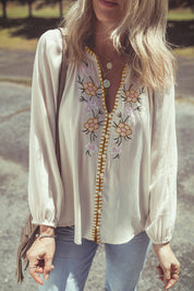 Floral Embroidered Textured Long Sleeve Top
