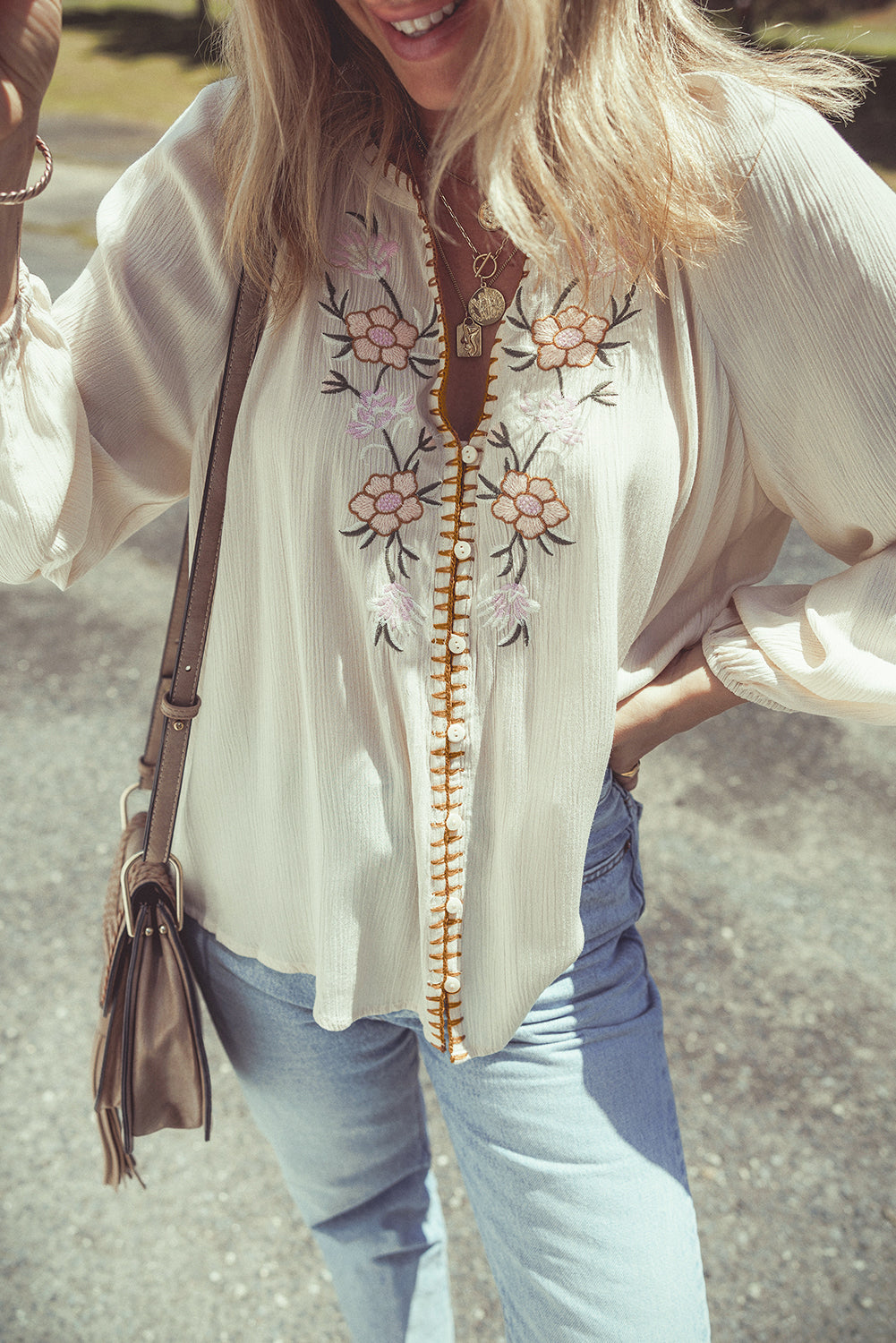 Floral Embroidered Textured Long Sleeve Top