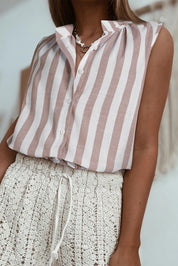 Stripe Casual Button Down Sleeveless Shirt