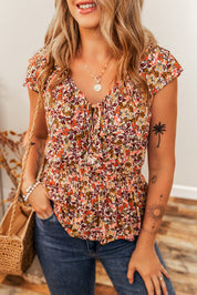 Floral Print Knot V Neck Ruffled Sleeve Blouse