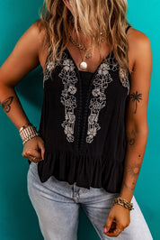 Floral Embroidery Ruffled Spaghetti Straps Tank Top