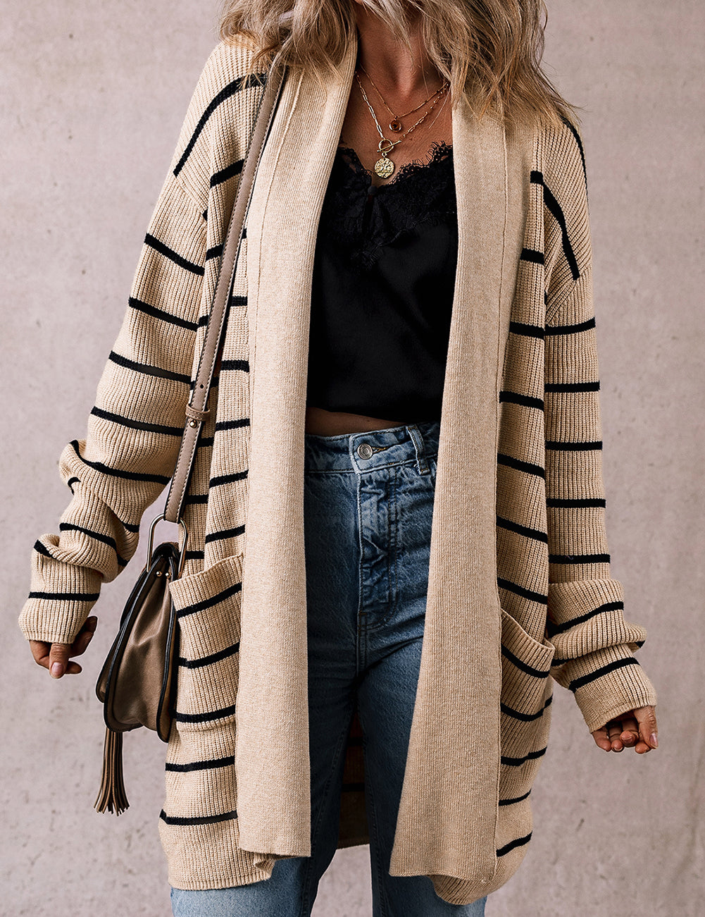 Stripe Open Cardigan with Pockets