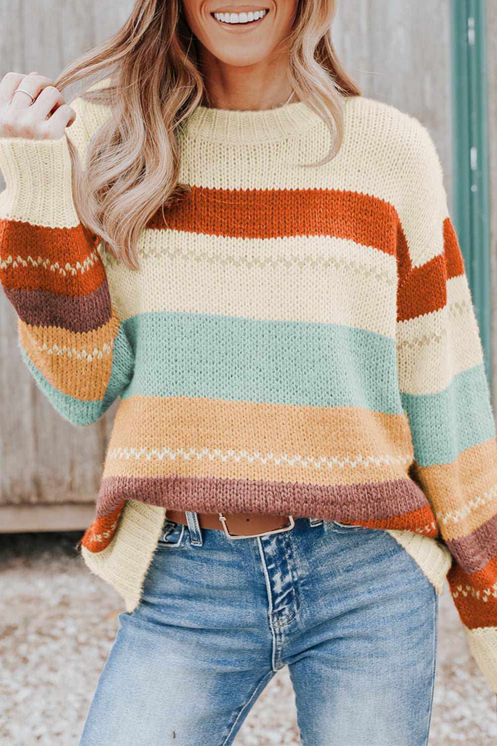 Drop-Shoulder Striped Color Block Sweater
