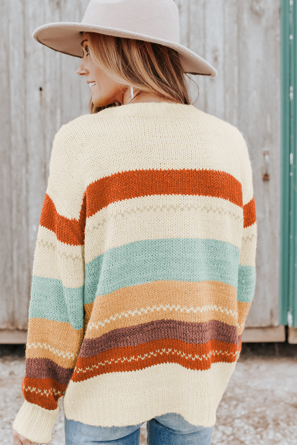 Drop-Shoulder Striped Color Block Sweater