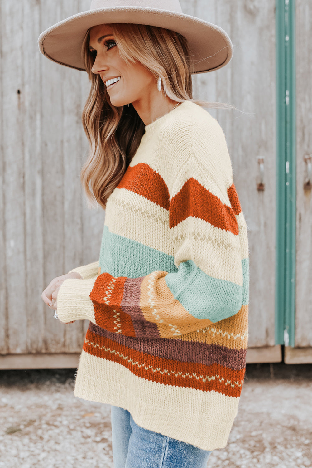 Drop-Shoulder Striped Color Block Sweater