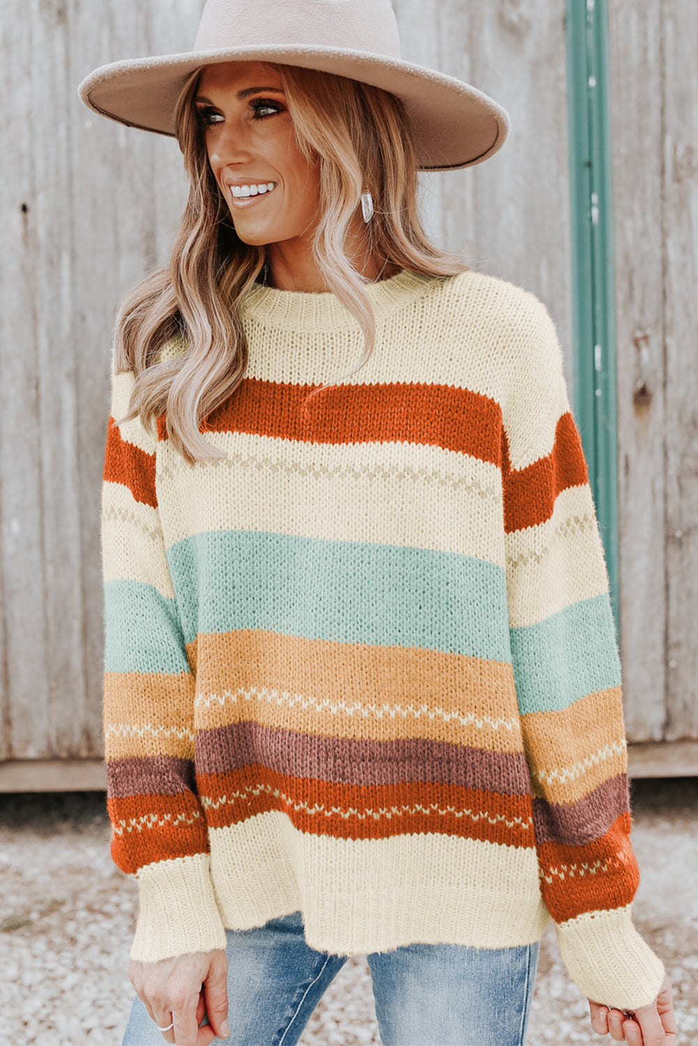 Drop-Shoulder Striped Color Block Sweater
