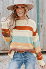 Drop-Shoulder Striped Color Block Sweater
