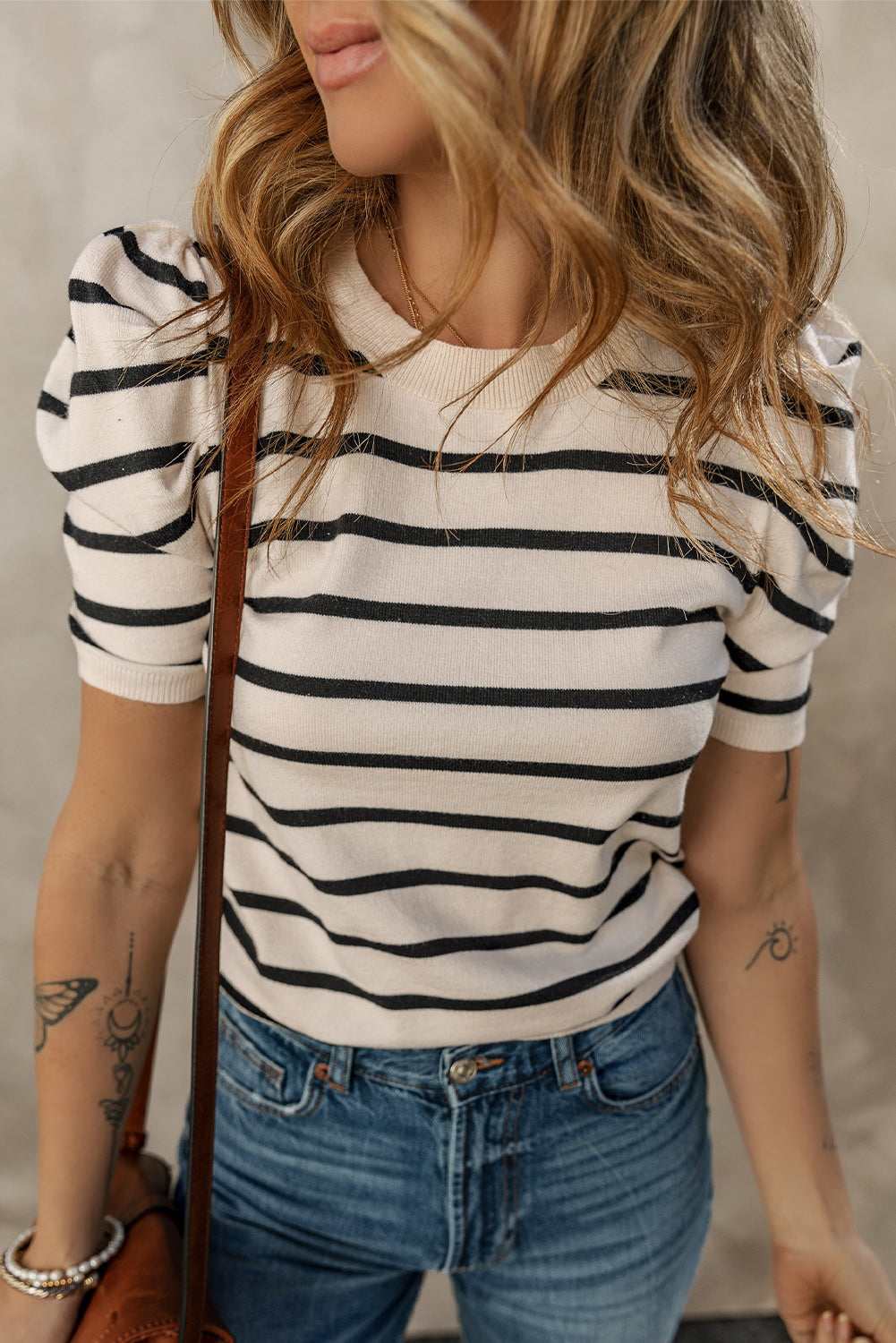 Stripe Ribbed Bubble Sleeve Knitted Top