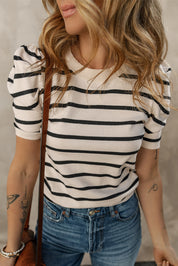 Stripe Ribbed Bubble Sleeve Knitted Top