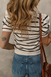 Stripe Ribbed Bubble Sleeve Knitted Top