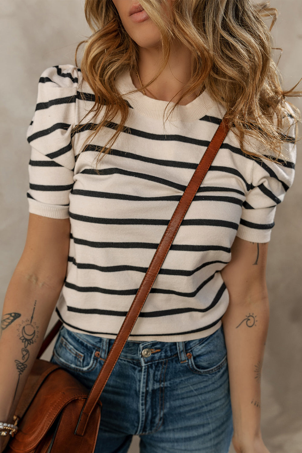 Stripe Ribbed Bubble Sleeve Knitted Top
