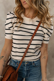 Stripe Ribbed Bubble Sleeve Knitted Top