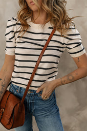 Stripe Ribbed Bubble Sleeve Knitted Top