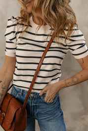 Stripe Ribbed Bubble Sleeve Knitted Top