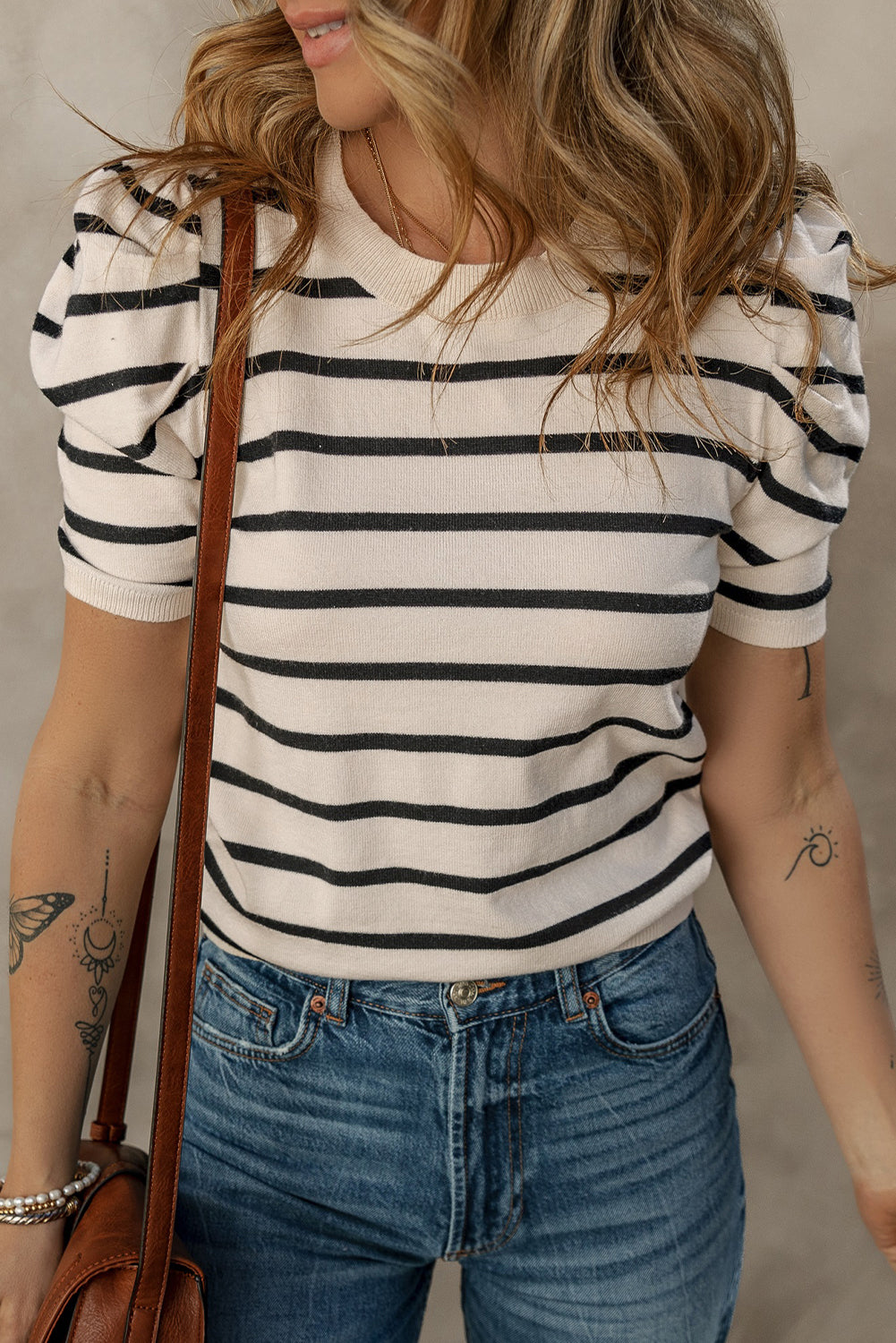 Stripe Ribbed Bubble Sleeve Knitted Top