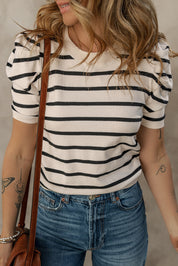 Stripe Ribbed Bubble Sleeve Knitted Top