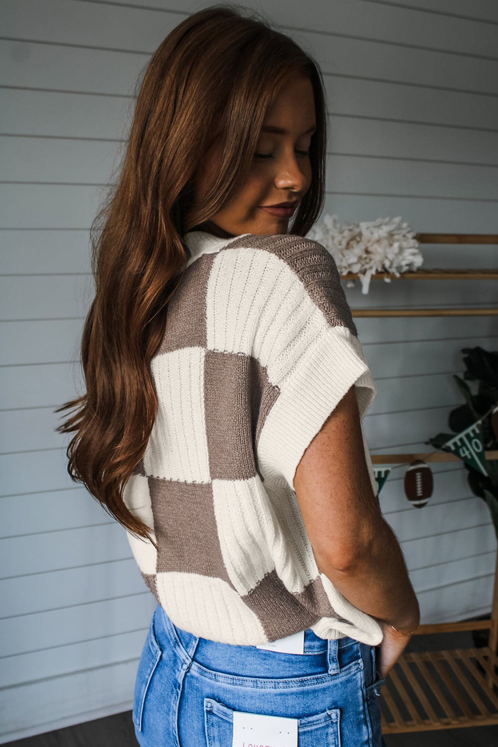 Checkered Color Block Short Sleeve Sweater