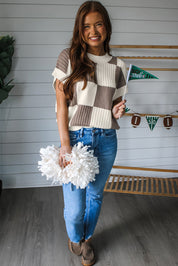 Checkered Color Block Short Sleeve Sweater