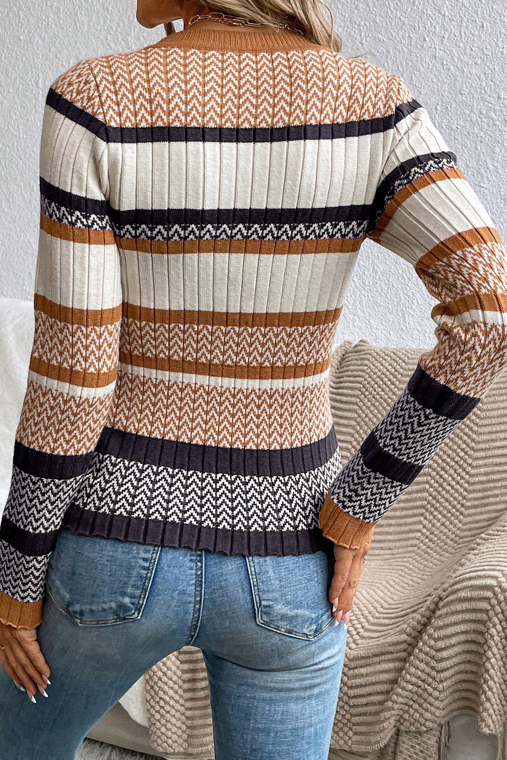 Stripe Knitted Ribbed Slim Sweater
